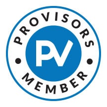 Circular badge with "Provisors Member" text around a blue center containing the white letters "PV.